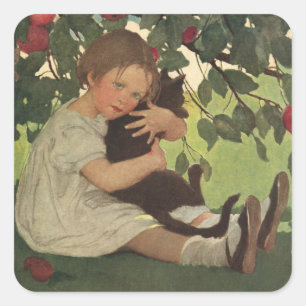 Cute Girl with her Cat Fun Retro Stickers
