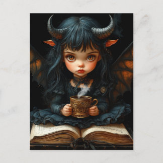 Cute Girl With Horns and Wings Reads With Coffee Postcard