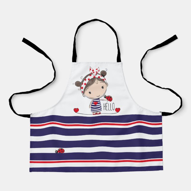 Cute Girl with Ladybird Art Striped Kids Apron (Front)