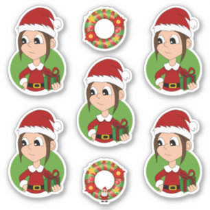 Cute girl with long brown hair Christmas cartoon S