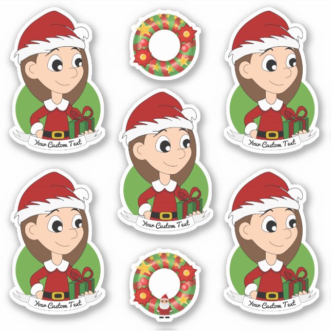 Cute girl with long brown hair holiday cartoon sti (Front)