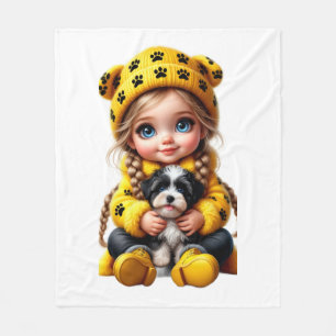 Cute Girl with Puppy Yellow Blanket
