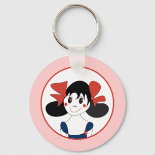 Cute Girl with Red Bows Kids Illustration Keychain