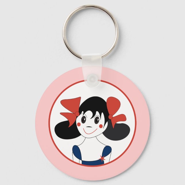 Cute Girl with Red Bows Kids Illustration Keychain (Front)