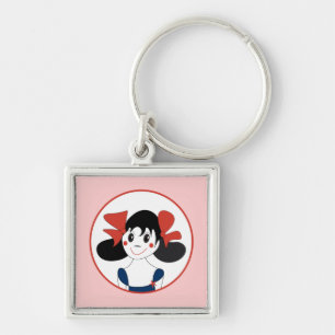 Cute Girl with Red Bows Kids Illustration Keychain