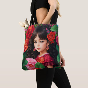 Cute Girl With Red Pink Rose Flowers Tote Bag