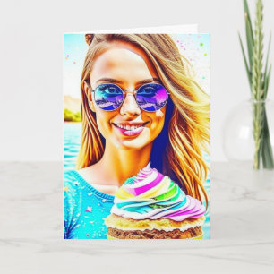 Cute Girl with Sunglasses Holding Cupcake Birthday Card