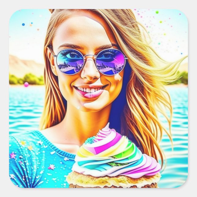 Cute Girl with Sunglasses Holding Cupcake Birthday Square Sticker (Front)