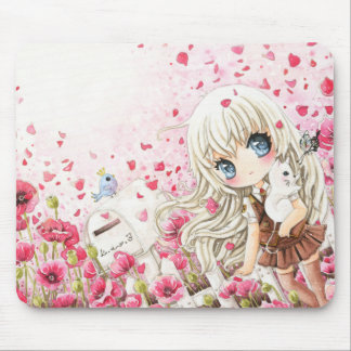 Cute girl with white cat on pink flowers field mouse pad