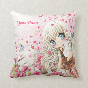 Cute girl with white cat on pink flowers field throw pillow