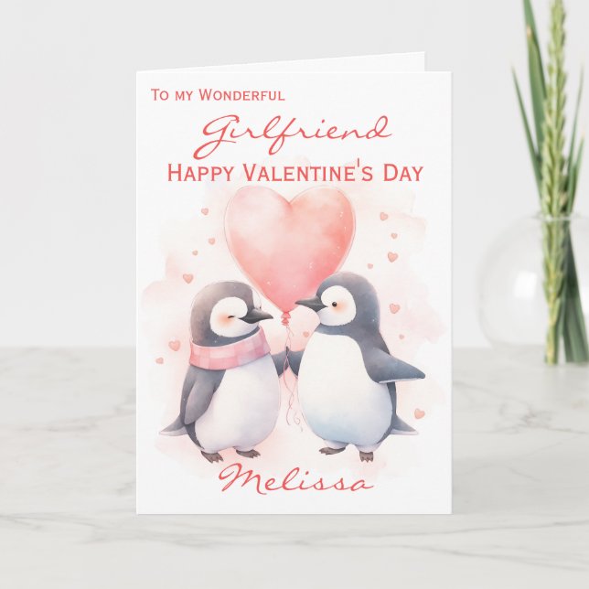 Cute Girlfriend Penguin Balloon Valentine's Day Card (Front)