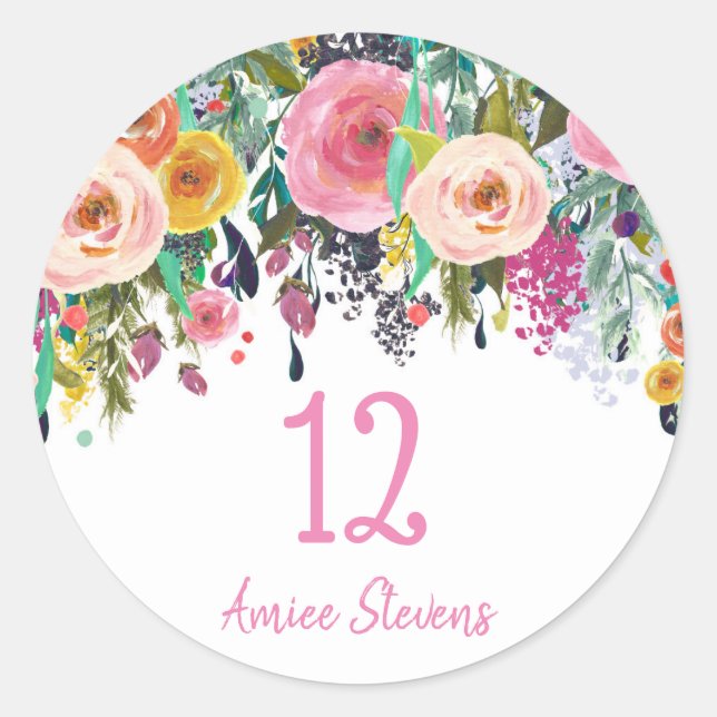 Cute Girls 12th Birthday Party Pink Flower Peach Classic Round Sticker (Front)