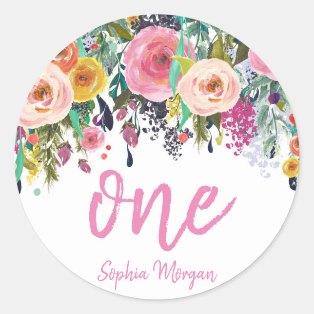 Cute Girls 1st Birthday Party Pink Flower Peach Classic Round Sticker (Front)