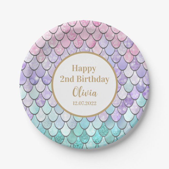 Cute Girls 2nd Birthday Mermaid Theme Paper Plates (Front)