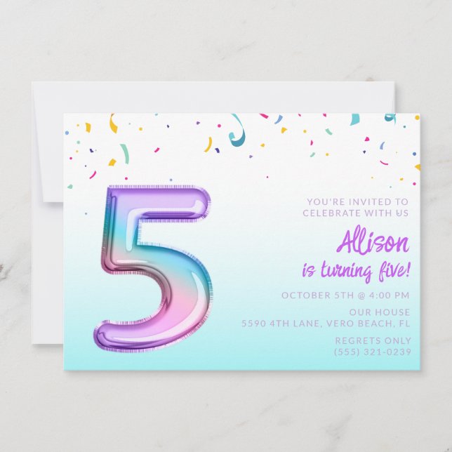 Cute Girls 5th Birthday Balloon Party Invitation (Front)