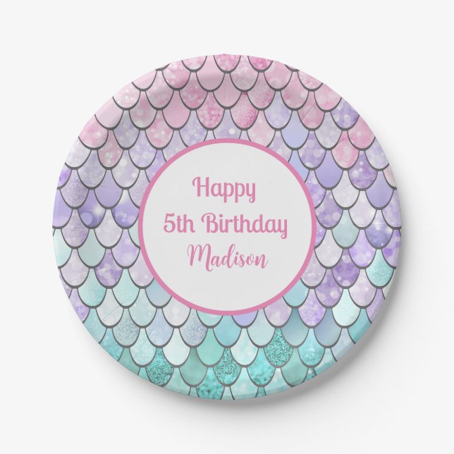 Cute Girls 5th Birthday Mermaid Theme Party Paper Plate (Front)