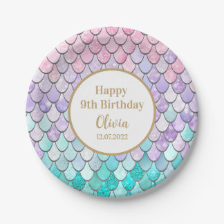 Cute Girls 9th Birthday Mermaid Party Birth Date Paper Plate