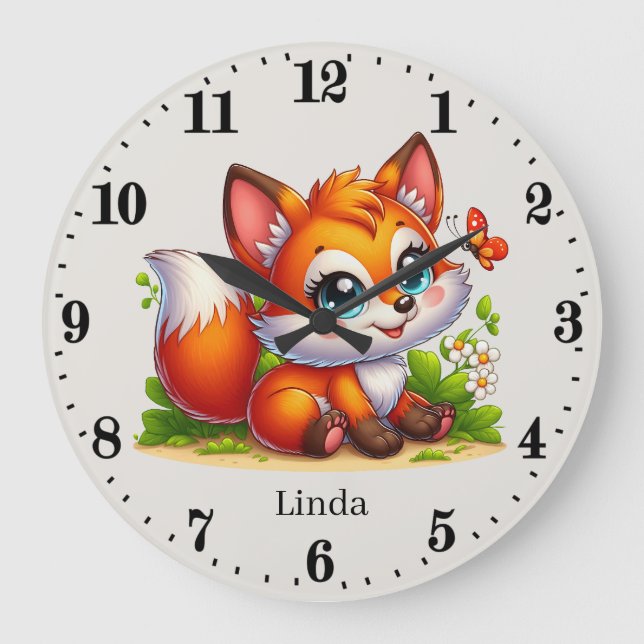 Cute girls baby fox add name large clock (Front)