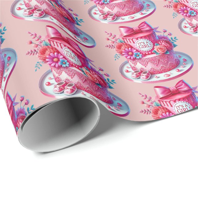 Cute girls baby shower cake tiled party wrapping paper (Roll Corner)