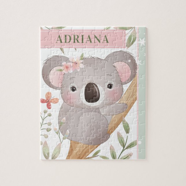 Cute Girl's Custom Name Koala Bear Pink & Green Jigsaw Puzzle (Vertical)