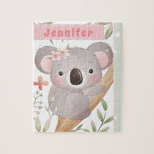 Cute Girl's Custom Name Koala Bear Pink & Green Jigsaw Puzzle (Vertical)