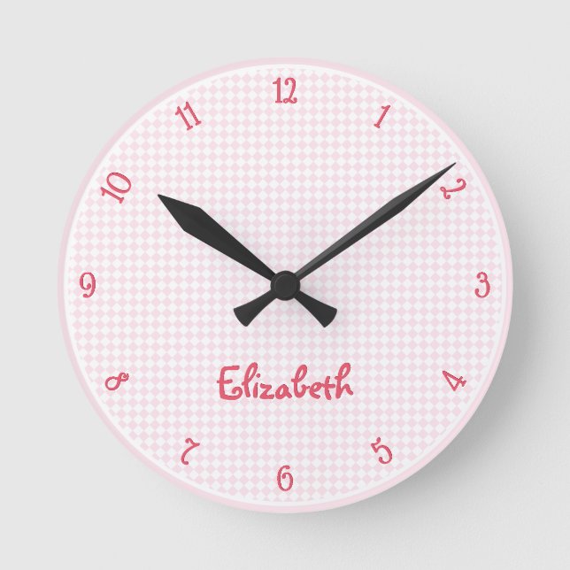 Cute Girls Custom Name Pink Kids Room Nursery Wall Round Clock (Front)