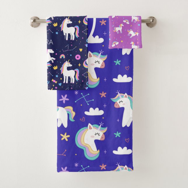 Cute Girls different  Unicorn Pattern & Name Kids Bath Towel Set (Insitu)