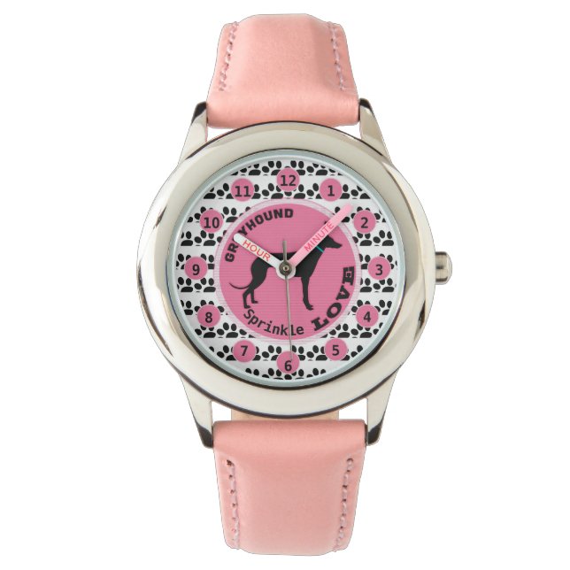 Cute Girls Dog Paw Greyhound Personalize Name Watch (Front)