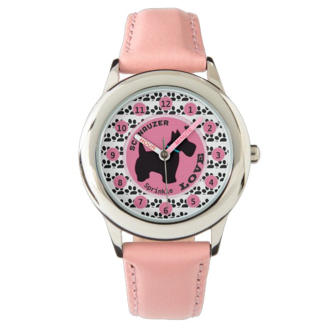Cute Girls Dog Paw Schnauzer Kids Personalize Name Watch (Front)