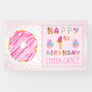 Cute Girls Doughnuts Cupcakes Happy 1st Birthday Banner