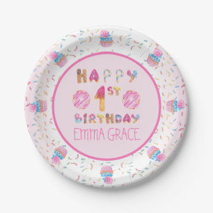 Cute Girls Doughnuts Cupcakes Happy 1st Birthday Paper Plate