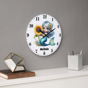 Cute girls fantasy mermaid add name large clock