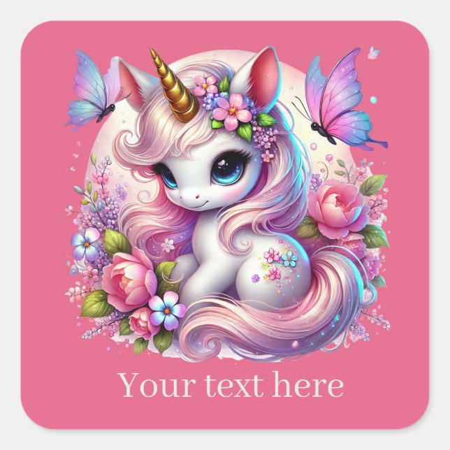 Cute girls fantasy unicorn add text  square sticker (Front)
