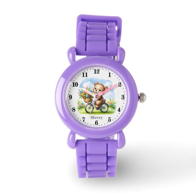 Cute girls flower bear add name  watch (Front)