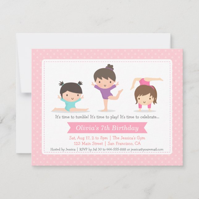 Cute Girls Gymnastics Birthday Party Invitations (Front)