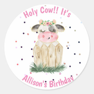 Cute Girls Holy Cow Birthday Party Classic Round Sticker