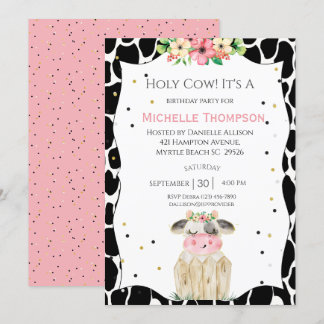 Cute Girls Holy Cow Pink Floral Birthday Party   Invitation