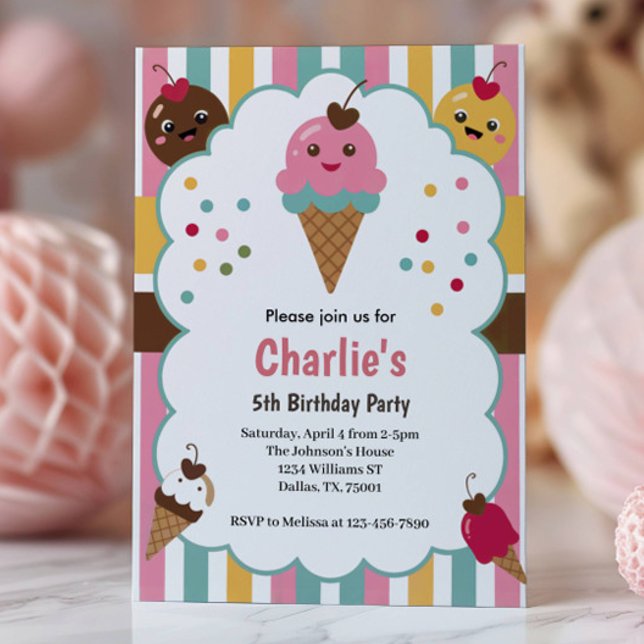 Cute Girls Ice Cream 5th Birthday Party Invitation (Creator Uploaded)