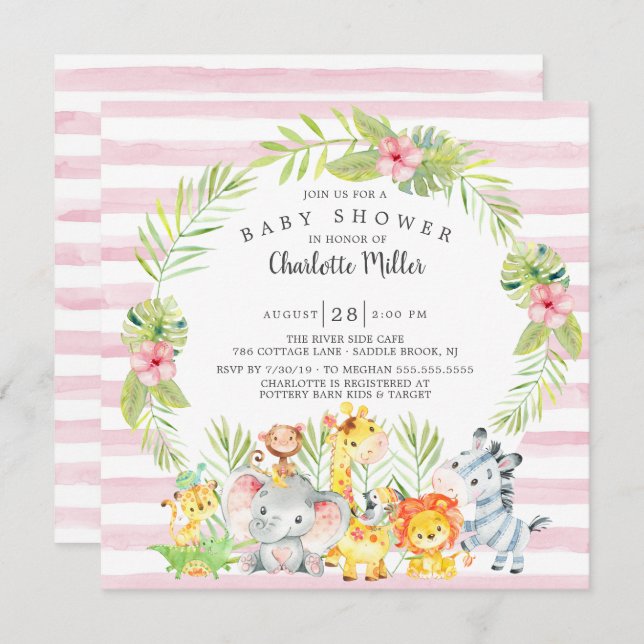 Cute Girls Jungle Animals Baby Shower Invitation (Front/Back)