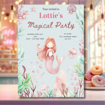 Cute Girls Mermaid Birthday Party Invitation