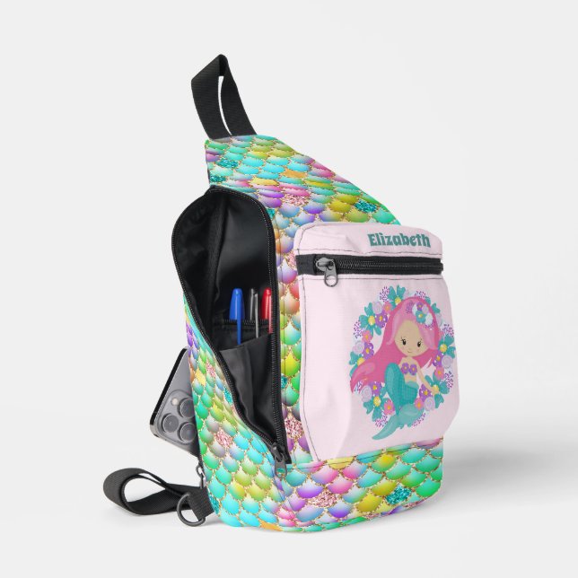 Cute girls mermaid fantasy add name  sling bag (Open)