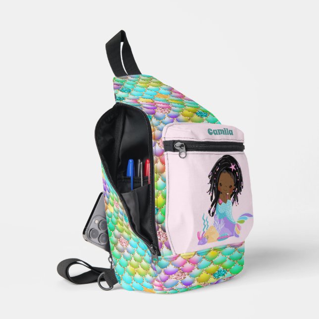 Cute girls mermaid fantasy add name  sling bag (Open)