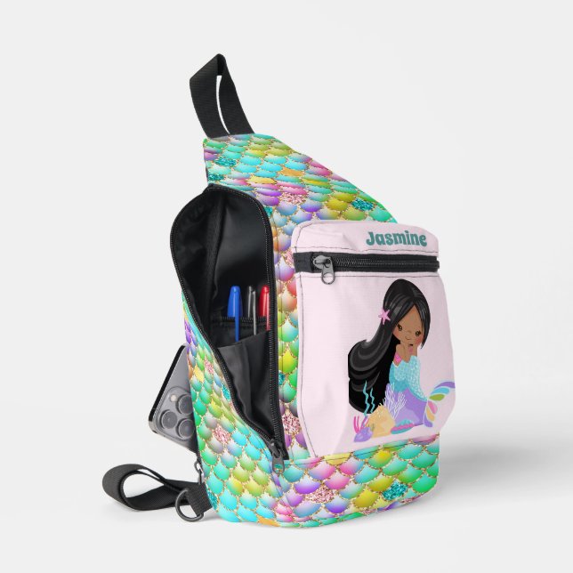 Cute girls mermaid fantasy add name  sling bag (Open)