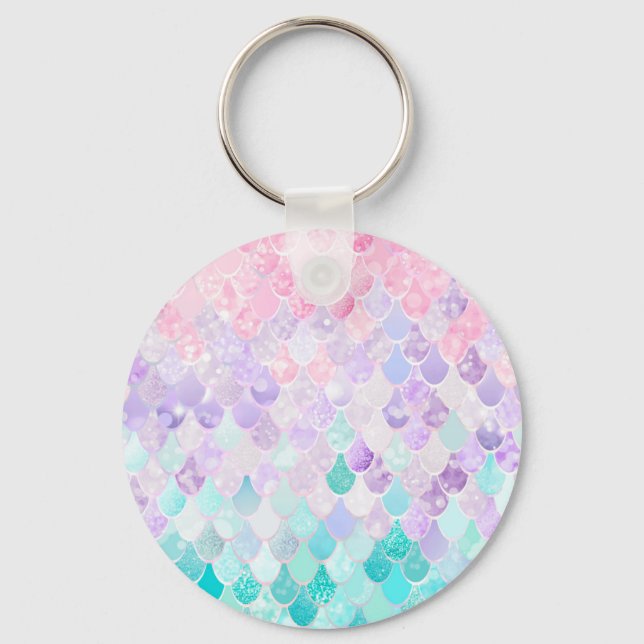 Cute Girls Mermaid Key Ring, Pink, Purple, Teal Keychain (Front)