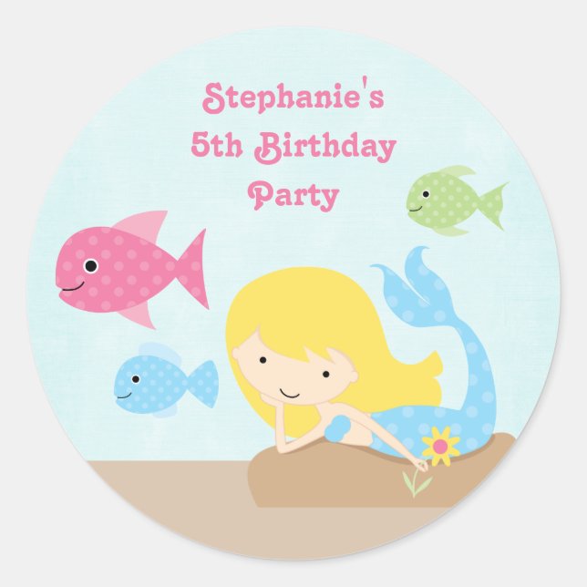Cute girl's mermaids birthday party stickers (Front)