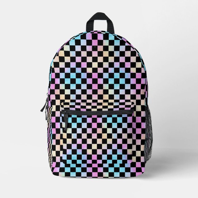 Cute Girls Pastel Rainbow Black Chequered Pattern Printed Backpack (Front)