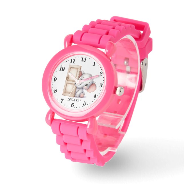 Cute girls peeking elephant add name watch (Angle)