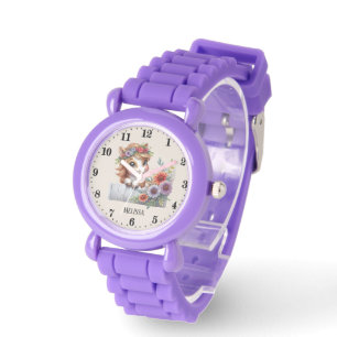 Cute girls peeking horse add name watch