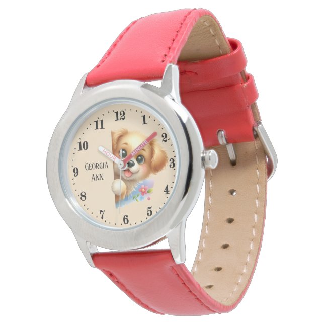 Cute girls peeking puppy add name watch (Angled)