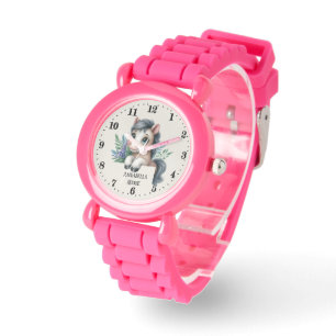 Cute girls peeking unicorn add name watch